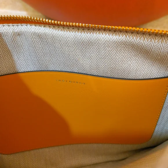 NWOT Tory Burch Orange Citrine T Monogram Embroidered Straw Clutch Purse - Picture 6 of 10